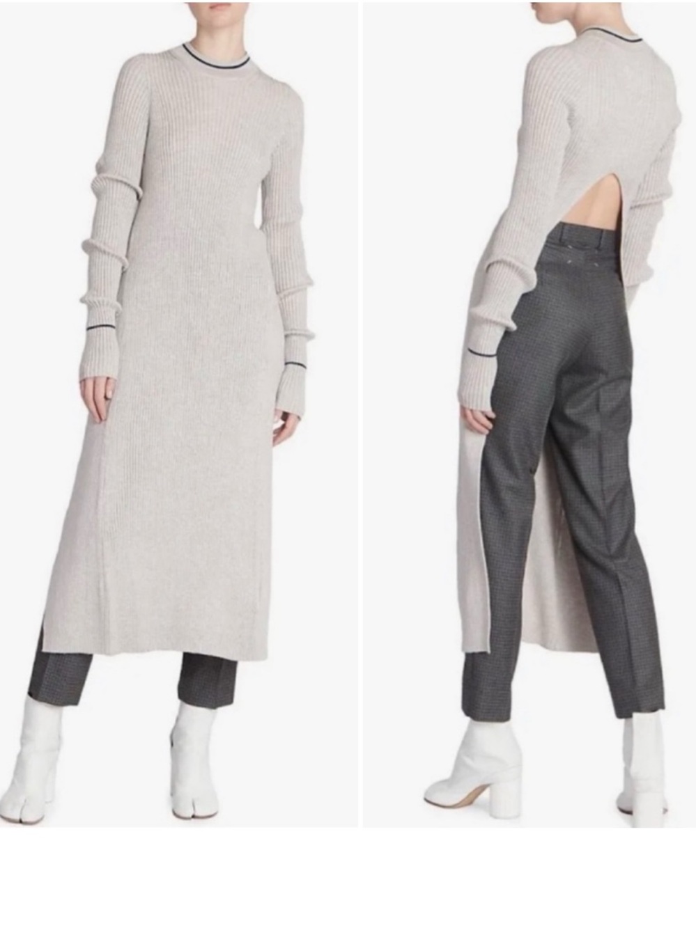 Maison Margiela Dress Sweater Ribbed Knit Wool Open Back Chic Midi Gray Large